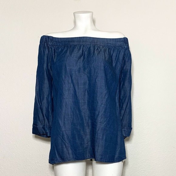 RD Style Blue Chambray Off Shoulder Blouse Medium - Picture 1 of 7